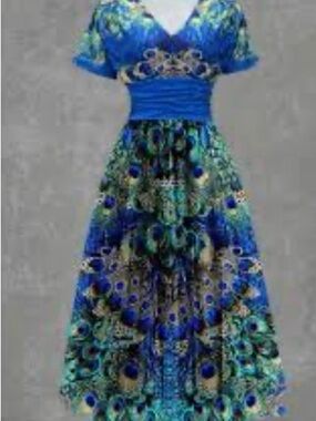 Blue Peacock-Print Maxi Dress